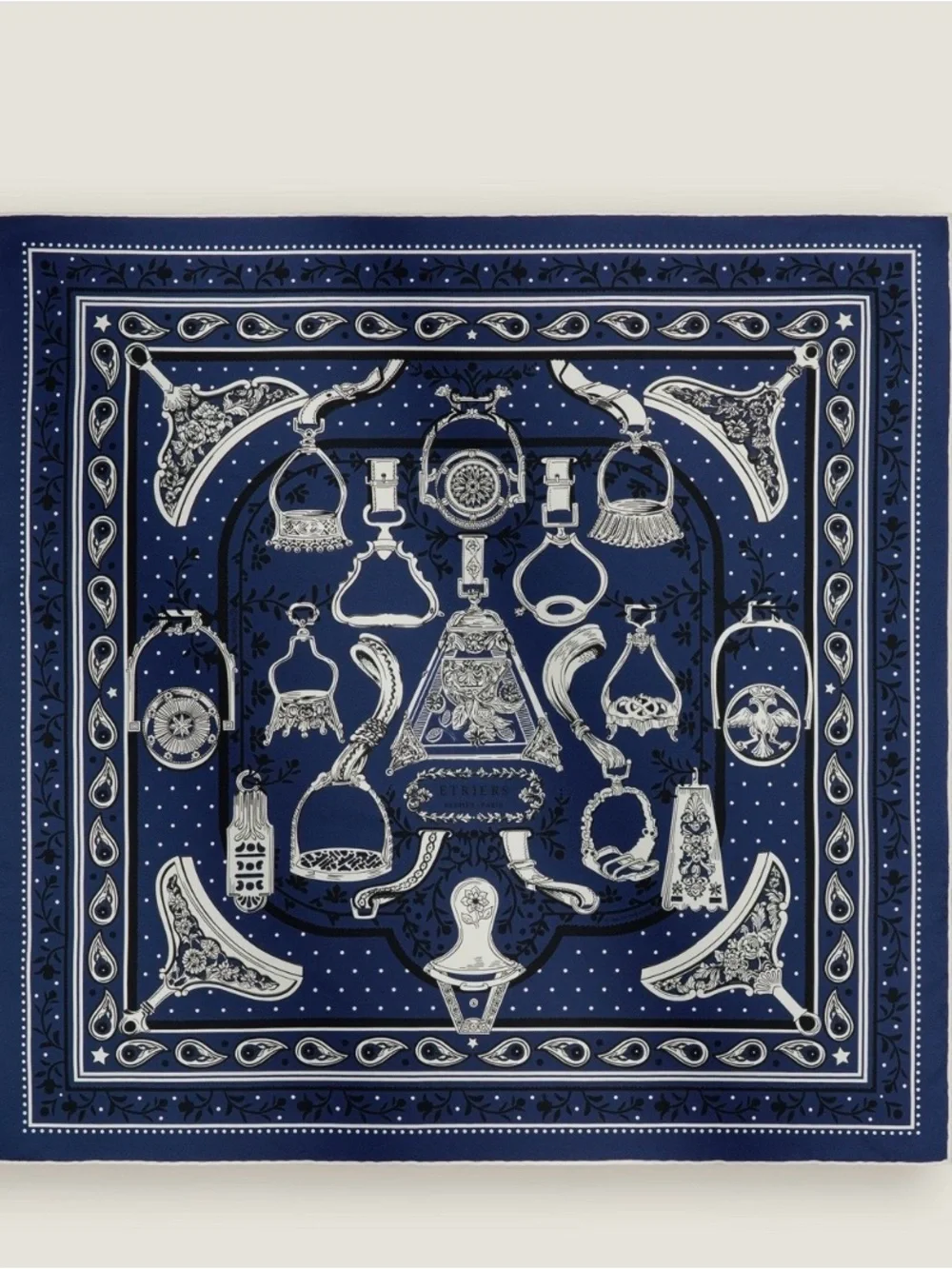 Hermes Navy Blue and White Equestrian Print Silk Scarf  Etriers Remix bandana 55